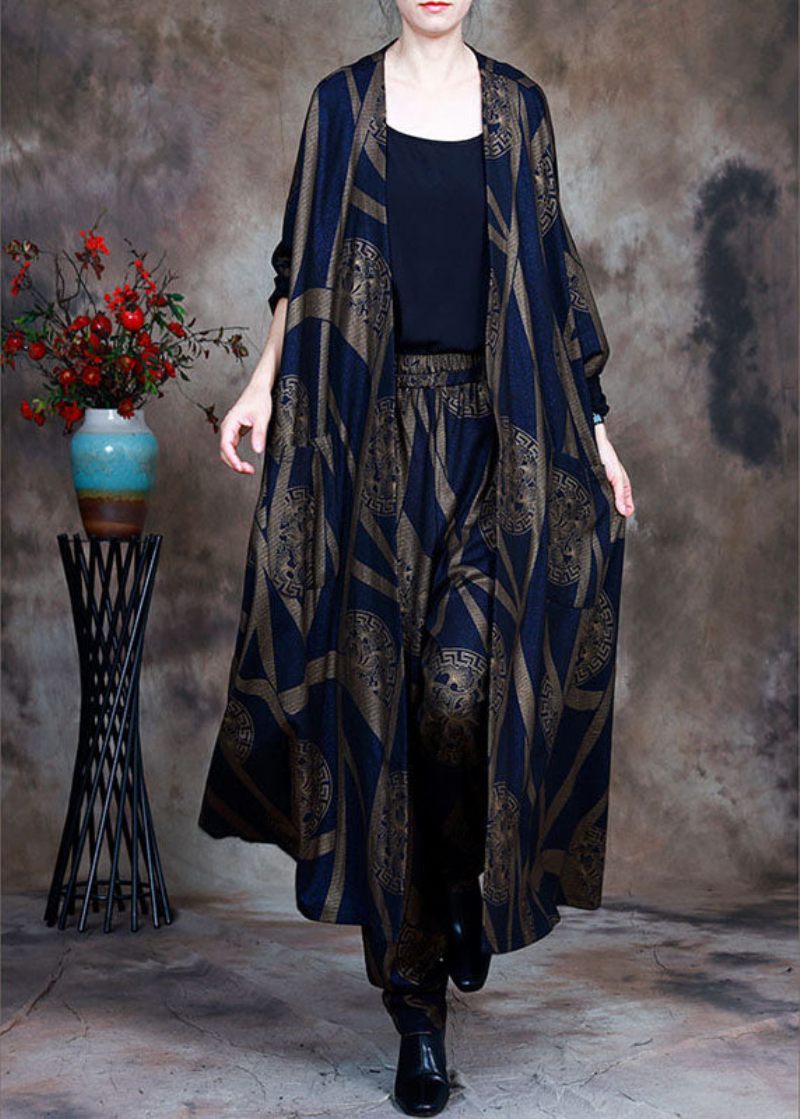 Kvinder Blue Loose Print Asymmetrisk Design Fall Two Pieces Set Langærmet