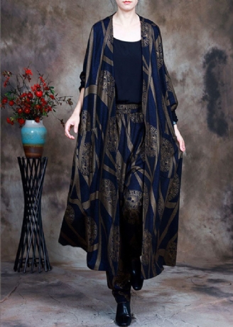 Kvinder Blue Loose Print Asymmetrisk Design Fall Two Pieces Set Langærmet