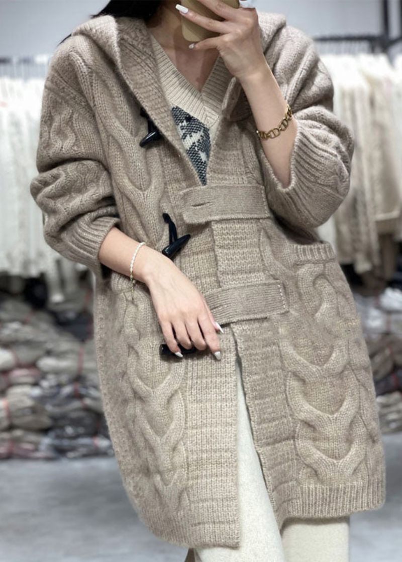 Kvinder Khaki Hætte Oversized Cashmere Lange Cardigans Vinter - Dame cardigans