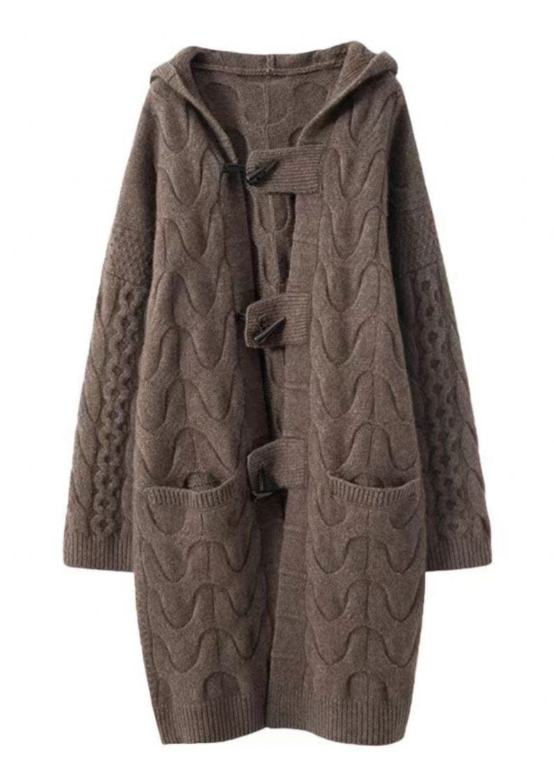 Kvinder Khaki Hætte Oversized Cashmere Lange Cardigans Vinter - Dame cardigans