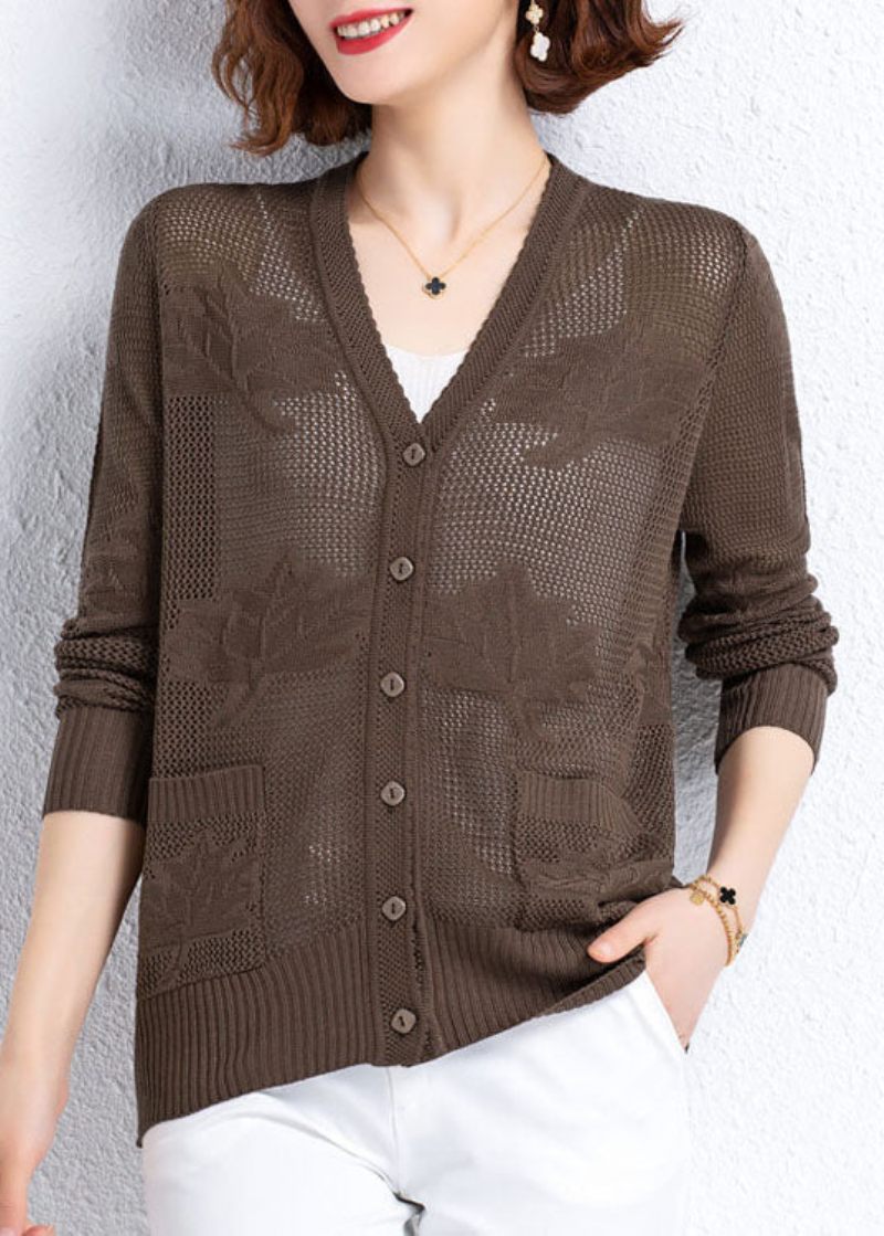 Kvinder Khaki Hollow Out Broderet Patchwork Tynd Strik Cardigan Fall