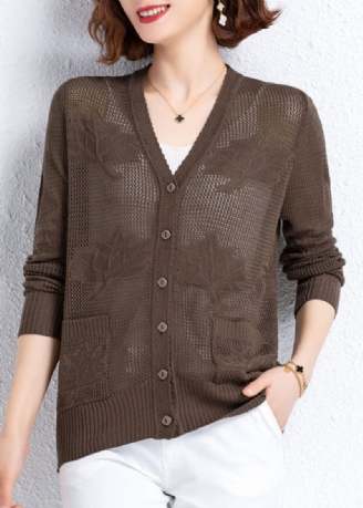 Kvinder Khaki Hollow Out Broderet Patchwork Tynd Strik Cardigan Fall