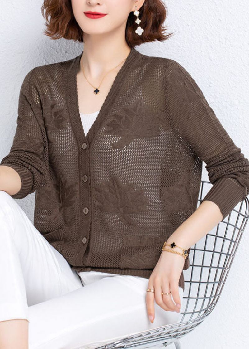 Kvinder Khaki Hollow Out Broderet Patchwork Tynd Strik Cardigan Fall - Dame cardigans