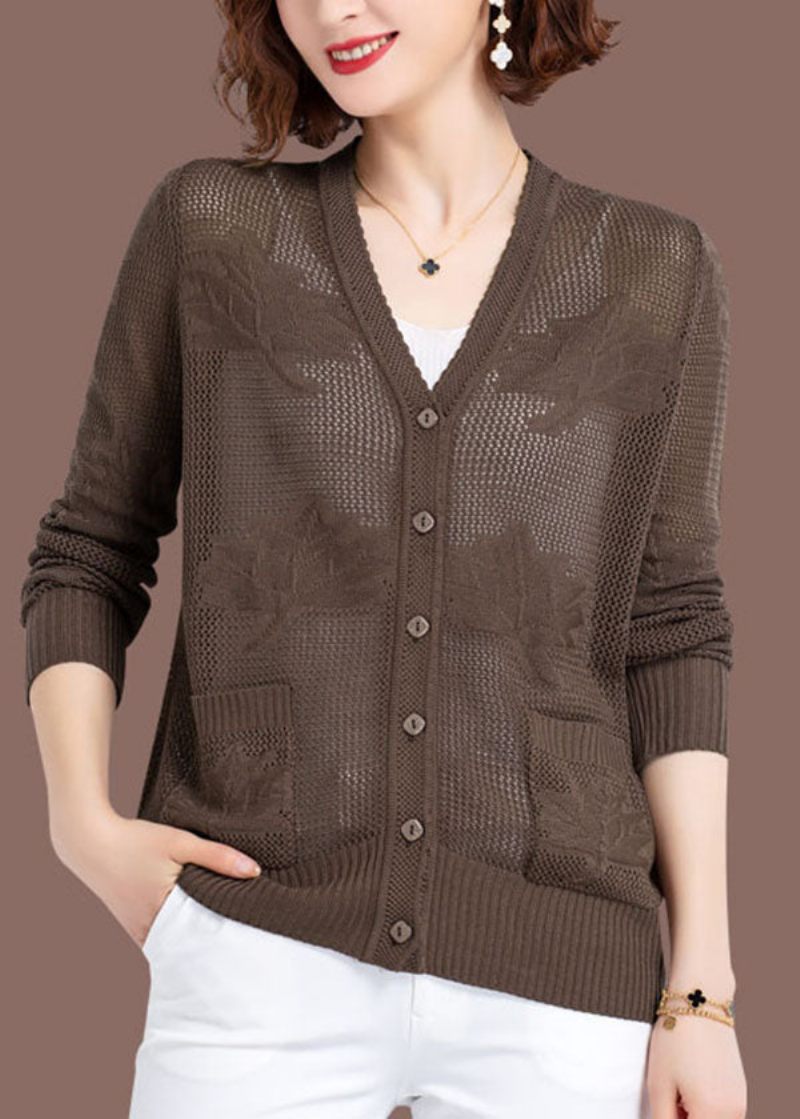 Kvinder Khaki Hollow Out Broderet Patchwork Tynd Strik Cardigan Fall - Dame cardigans