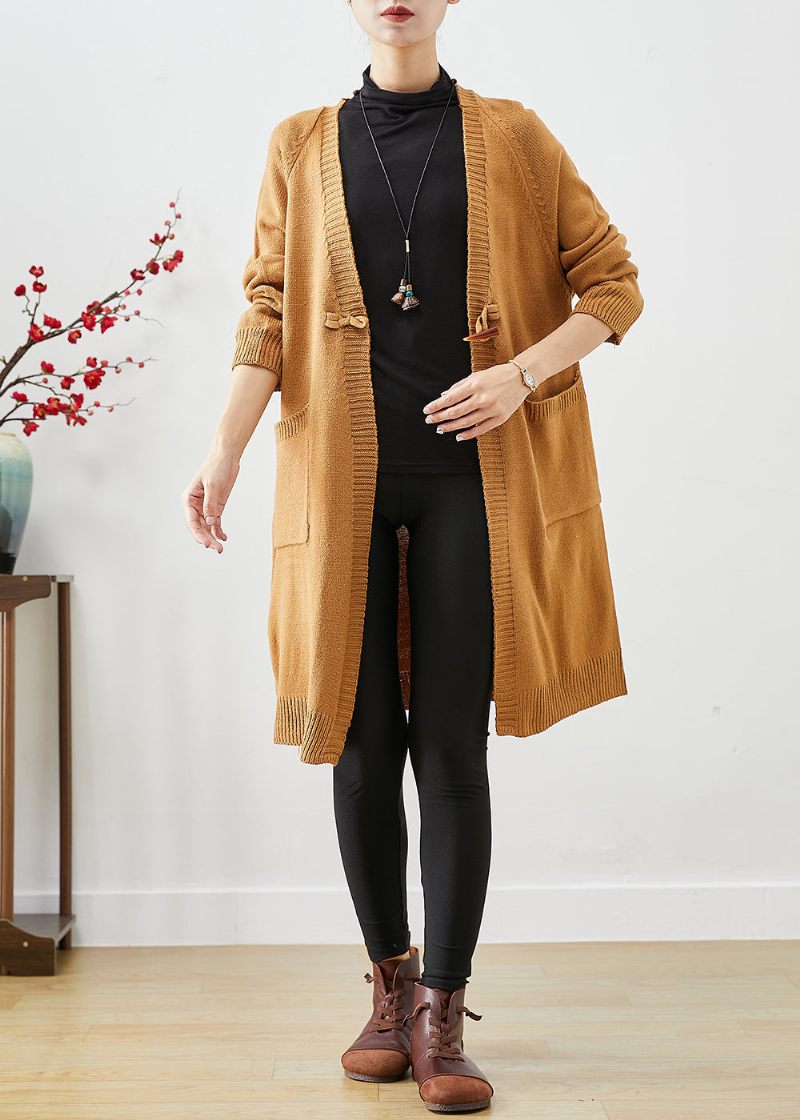 Kvinder Khaki Oversized Lommer Strik Cardigan Fall - Dame cardigans