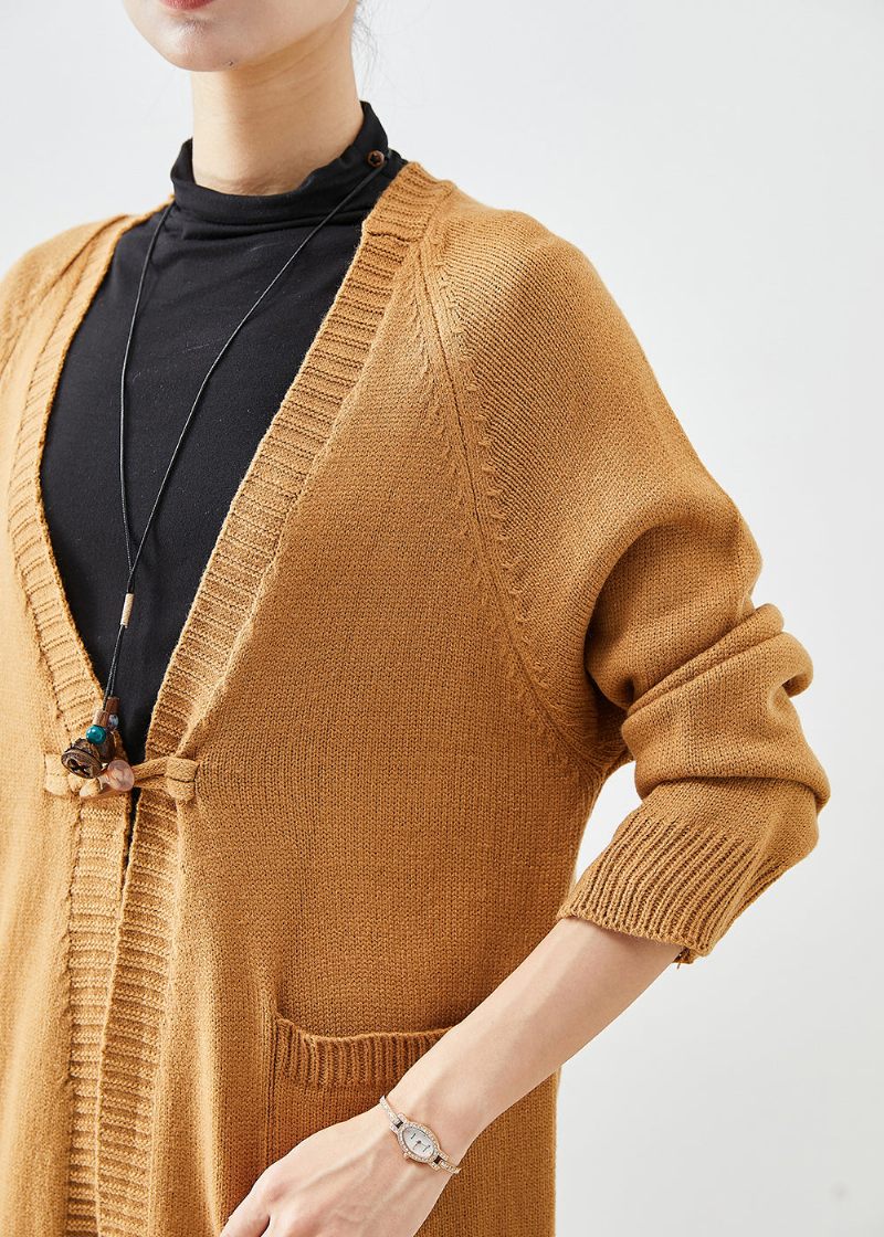 Kvinder Khaki Oversized Lommer Strik Cardigan Fall - Dame cardigans