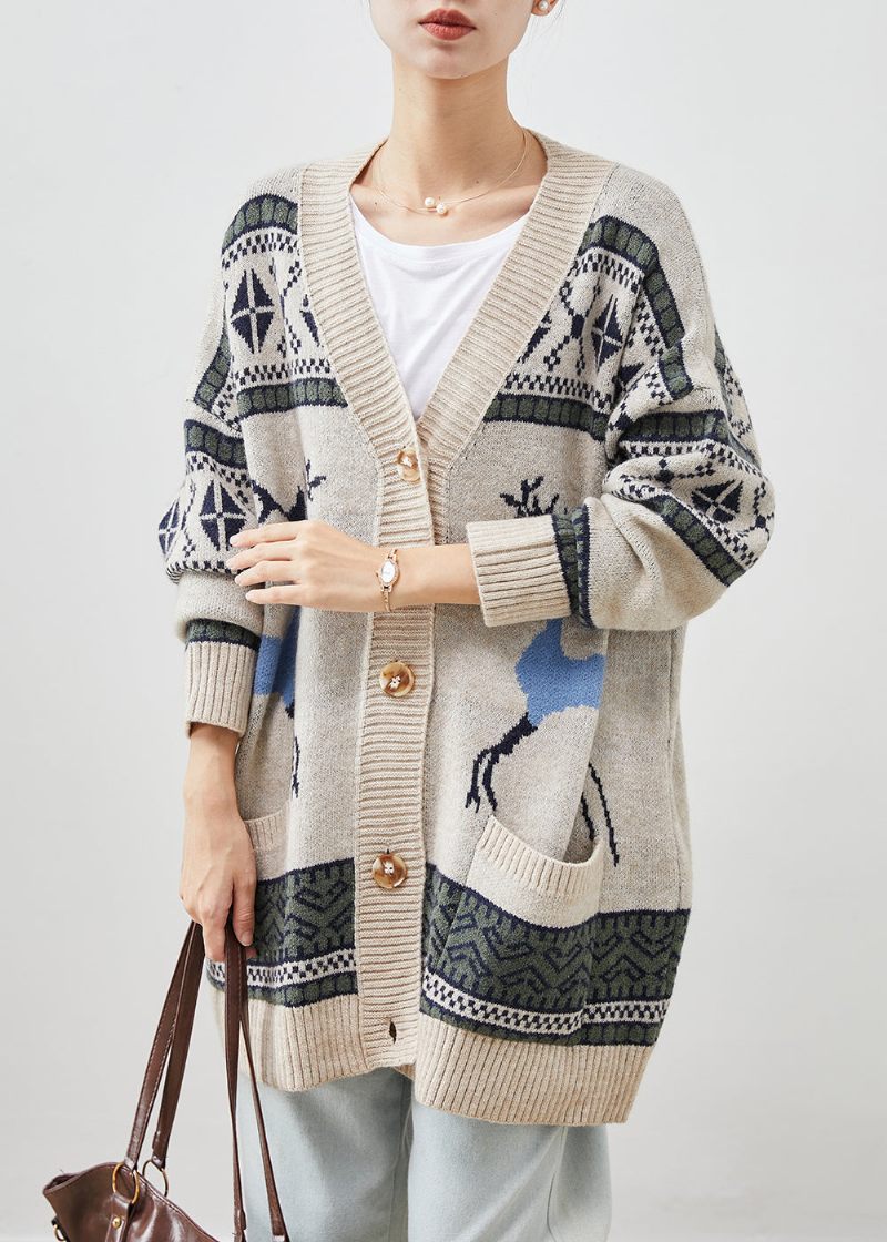 Kvinder Khaki Oversized Print Strik Cardigans Vinter - Dame cardigans