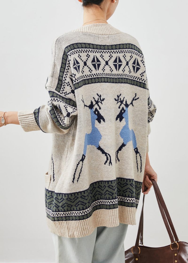 Kvinder Khaki Oversized Print Strik Cardigans Vinter - Dame cardigans