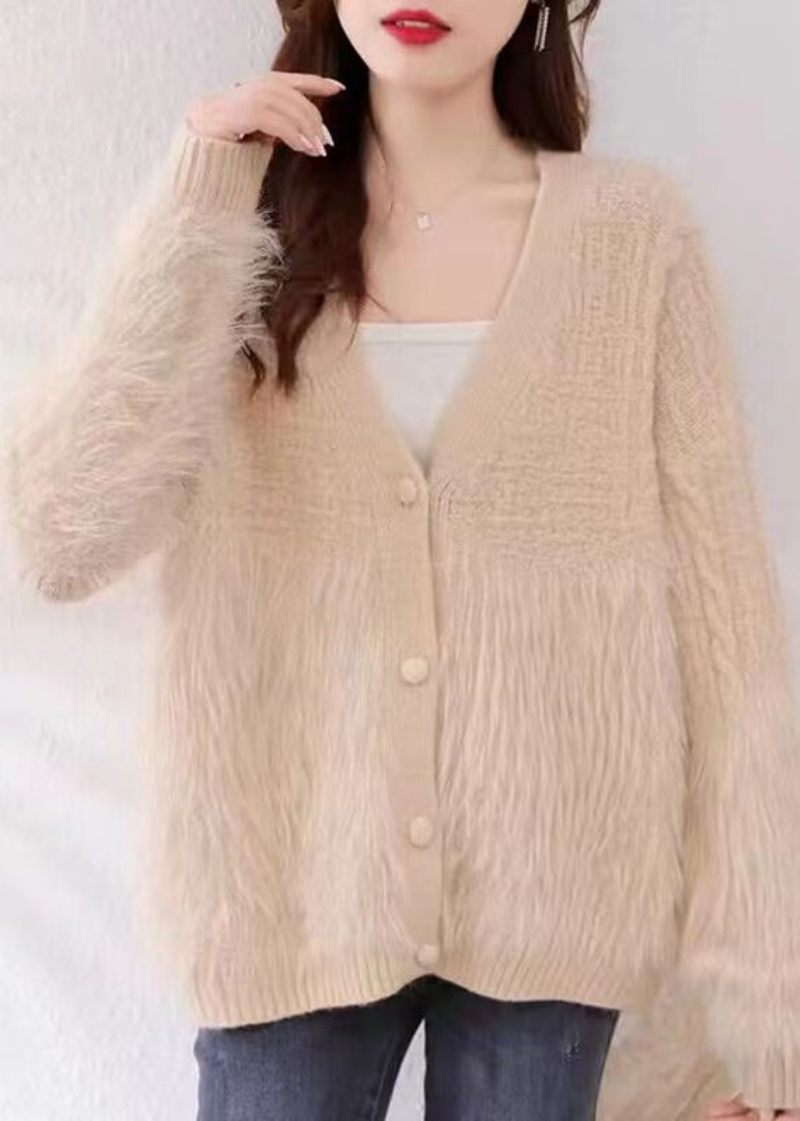 Kvinder Khaki V-hals Patchwork Mink Hår Strikket Cardigan Fall