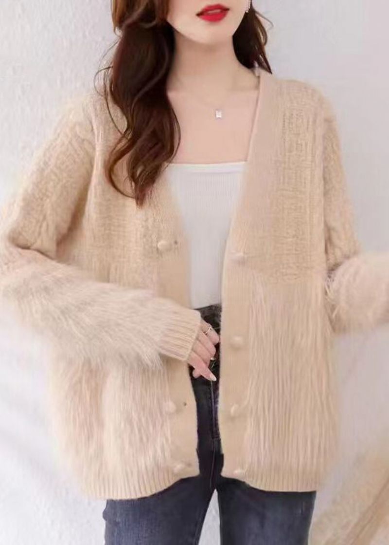 Kvinder Khaki V-hals Patchwork Mink Hår Strikket Cardigan Fall - Dame cardigans