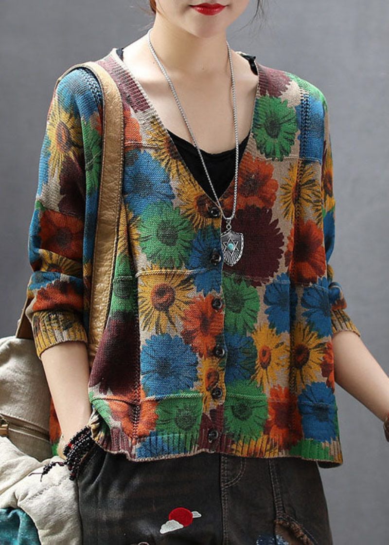 Kvinder Khaki V Neck Print Strik Cardigan Spring