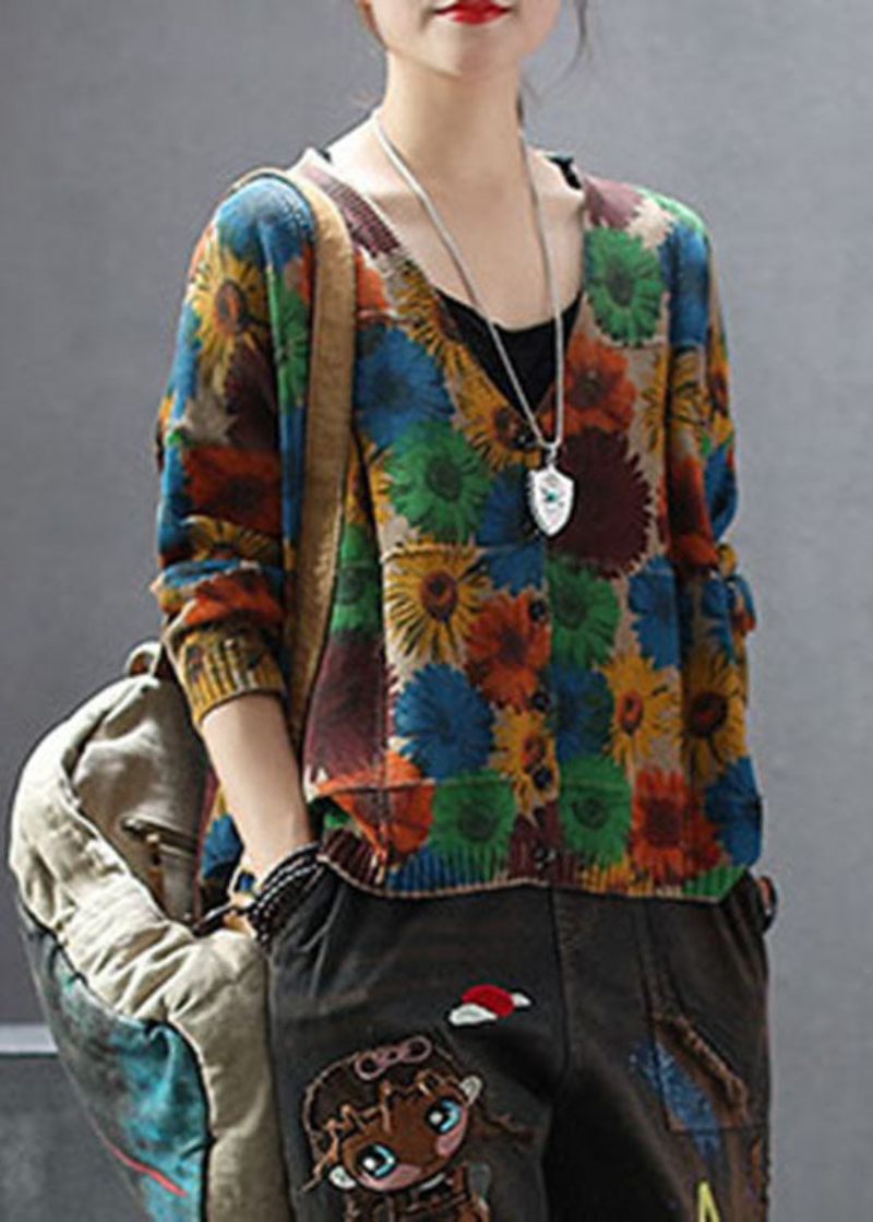 Kvinder Khaki V Neck Print Strik Cardigan Spring - Dame cardigans