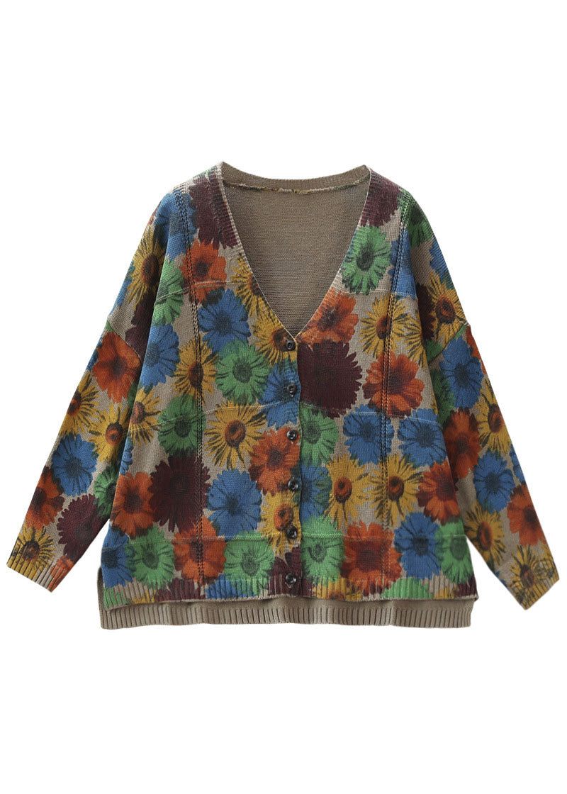 Kvinder Khaki V Neck Print Strik Cardigan Spring - Dame cardigans