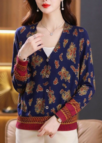 Kvinder Navy Button Print Cozy Knit Cardigan Spring