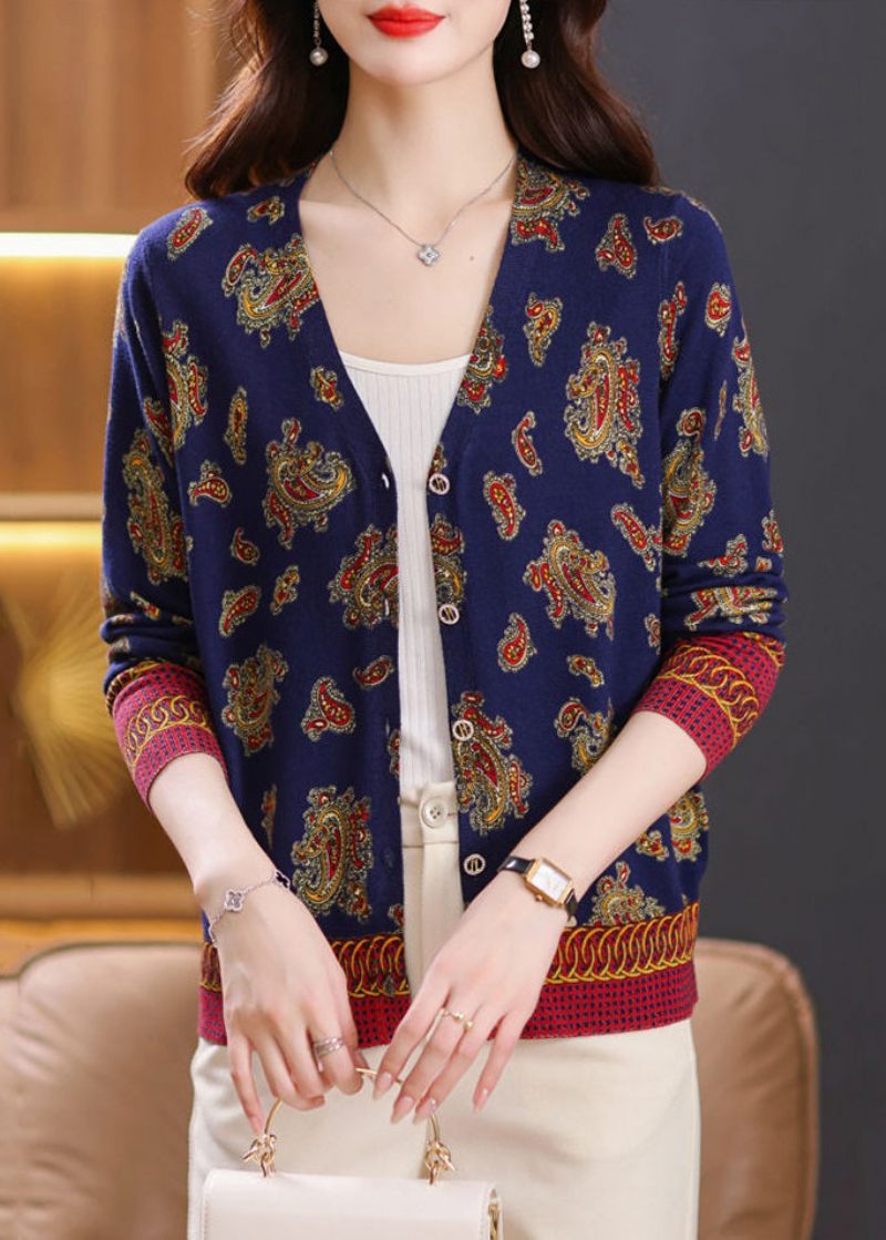 Kvinder Navy Button Print Cozy Knit Cardigan Spring - Dame cardigans