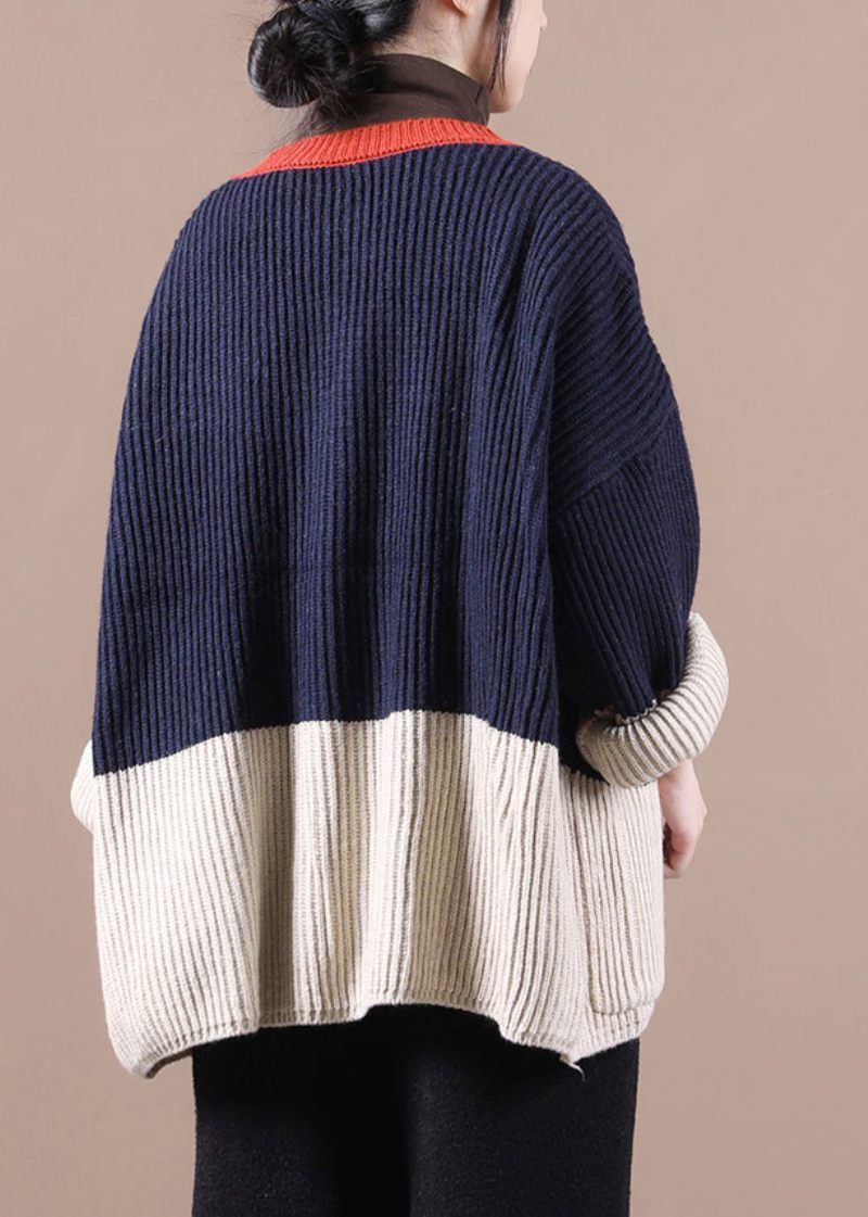 Kvinder Navy V-hals Patchwork Knap Tyk Striktrøjer Frakker Efterår - Dame cardigans