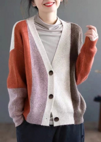 Kvinder Orange Colorblock Knap Patchwork Strikning Cardigan Fall