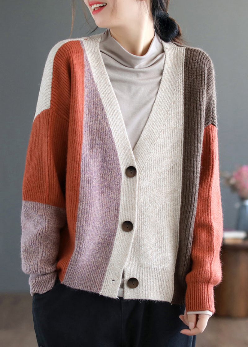 Kvinder Orange Colorblock Knap Patchwork Strikning Cardigan Fall - Dame cardigans