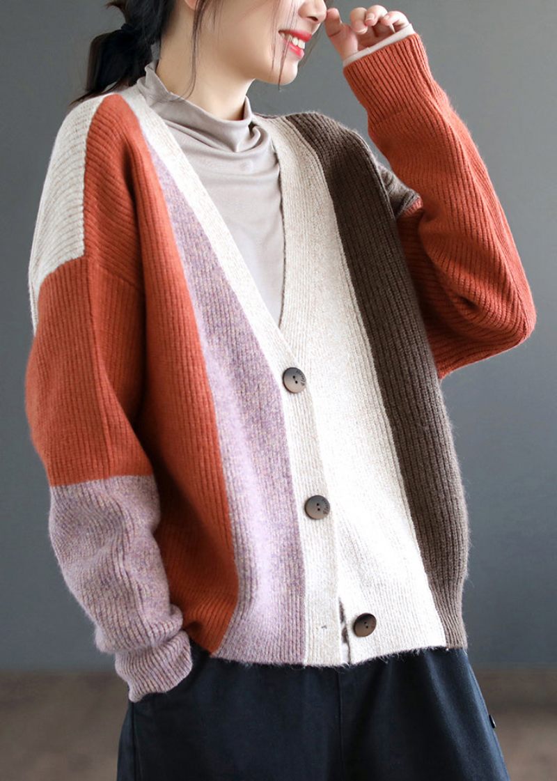 Kvinder Orange Colorblock Knap Patchwork Strikning Cardigan Fall - Dame cardigans