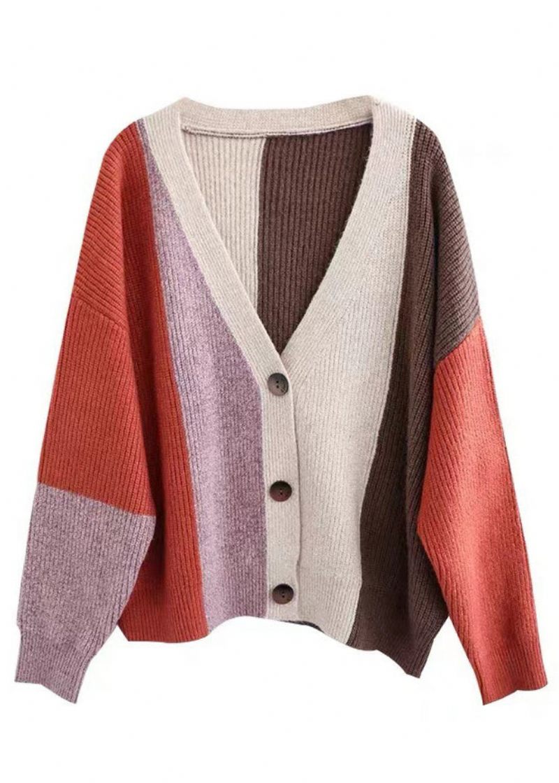 Kvinder Orange Colorblock Knap Patchwork Strikning Cardigan Fall - Dame cardigans