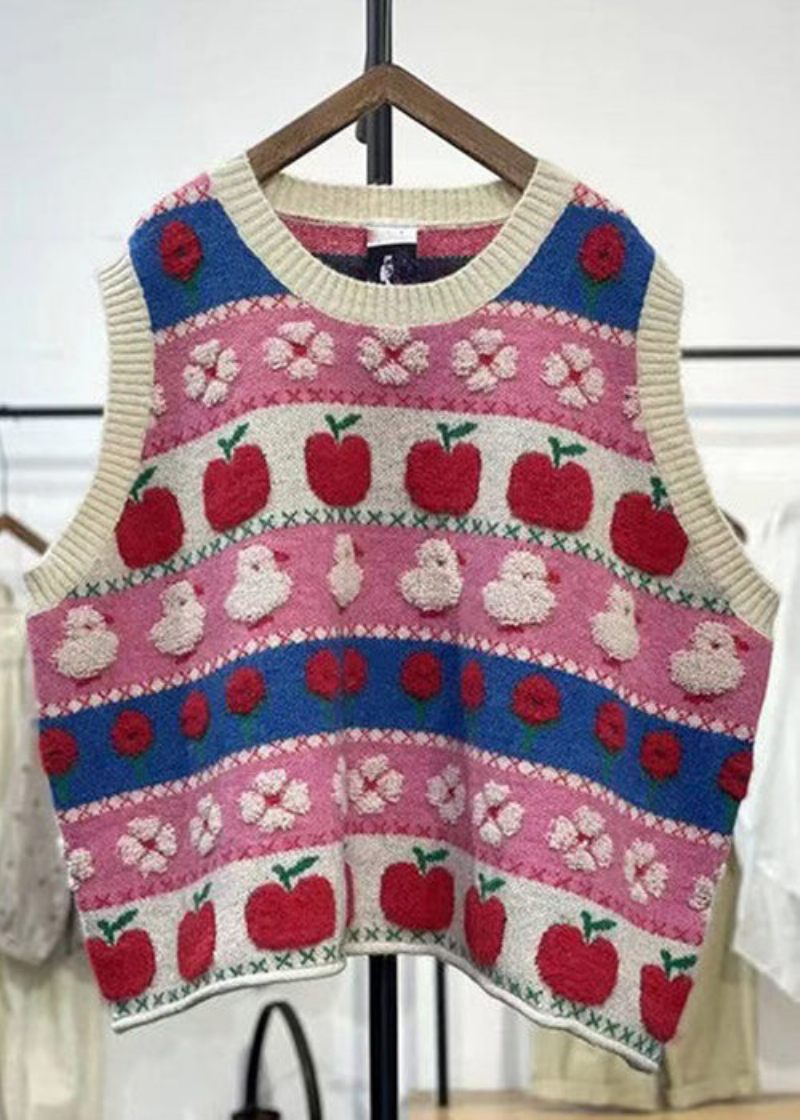 Kvinder Pink Broderet Patchwork Hyggelig Bomuldstrik Vest Ærmeløs - Dame cardigans