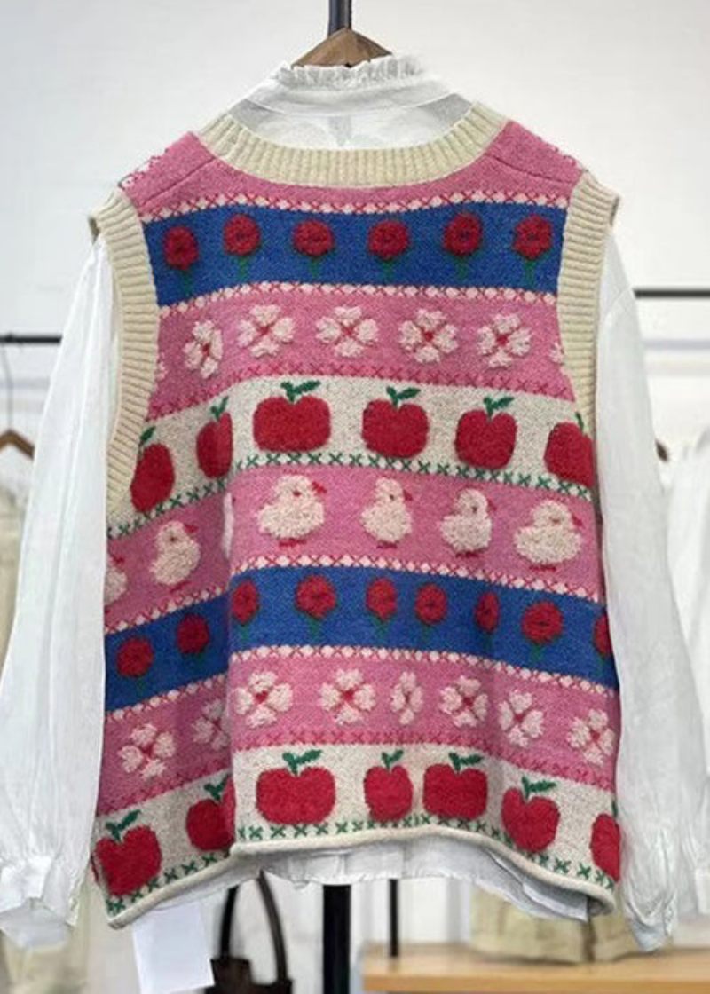 Kvinder Pink Broderet Patchwork Hyggelig Bomuldstrik Vest Ærmeløs - Dame cardigans