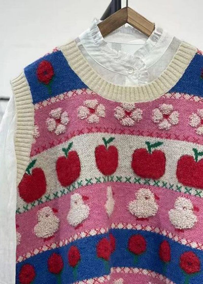 Kvinder Pink Broderet Patchwork Hyggelig Bomuldstrik Vest Ærmeløs - Dame cardigans