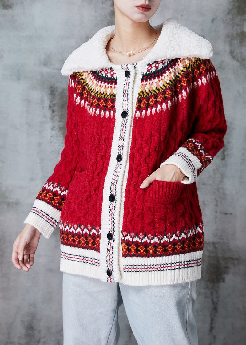 Kvinder Rød Peter Pan Krave Print Strik Cardigan Spring