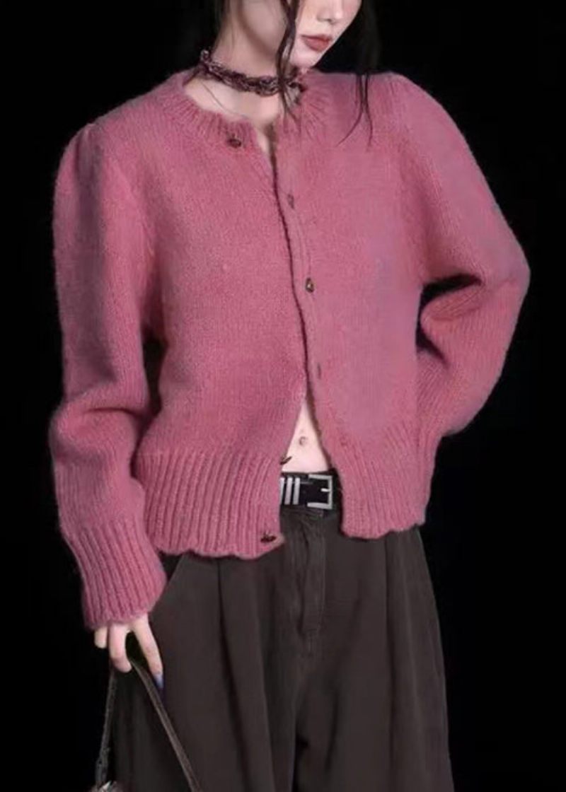 Kvinder Rose O-hals Knap Patchwork Strik Cardigan Fall