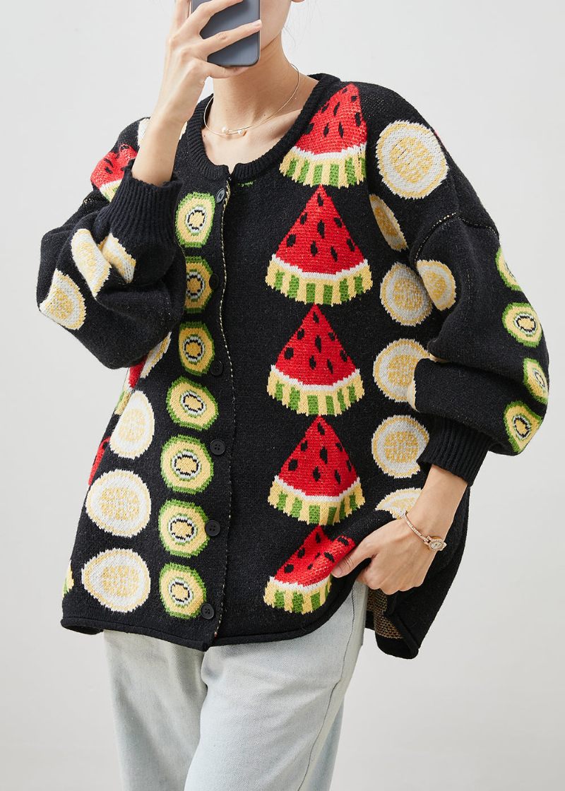 Kvinder Sort Frugt Print Oversized Strik Cardigans Vinter