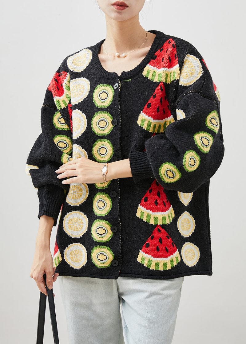 Kvinder Sort Frugt Print Oversized Strik Cardigans Vinter - Dame cardigans