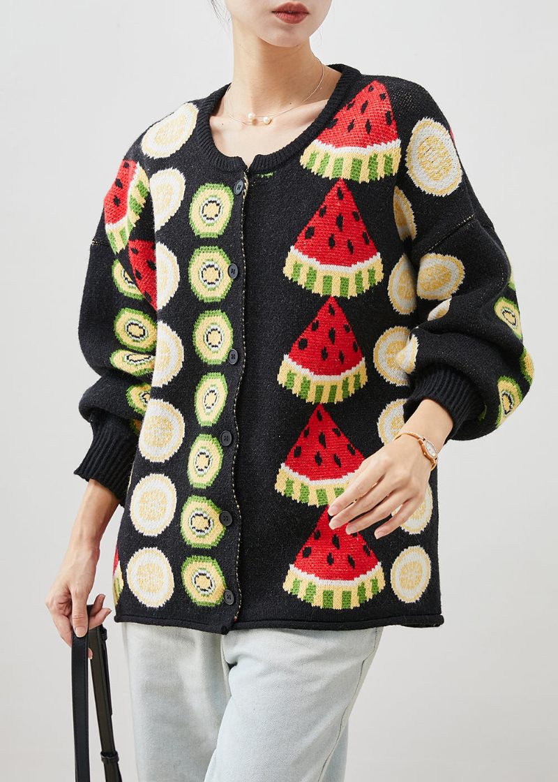 Kvinder Sort Frugt Print Oversized Strik Cardigans Vinter - Dame cardigans