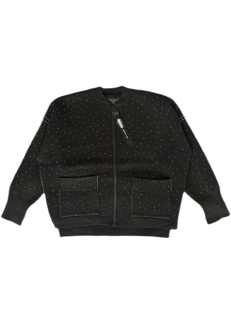 Kvinder Sort Zip Up Dot Ulden Strik Coat Vinter - Dame cardigans