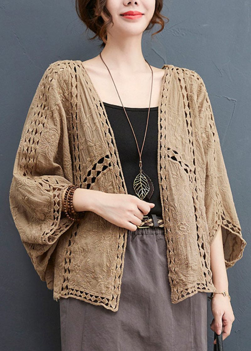 Let Khaki Løs Cardigan Hollow Out Batwing Sleeve