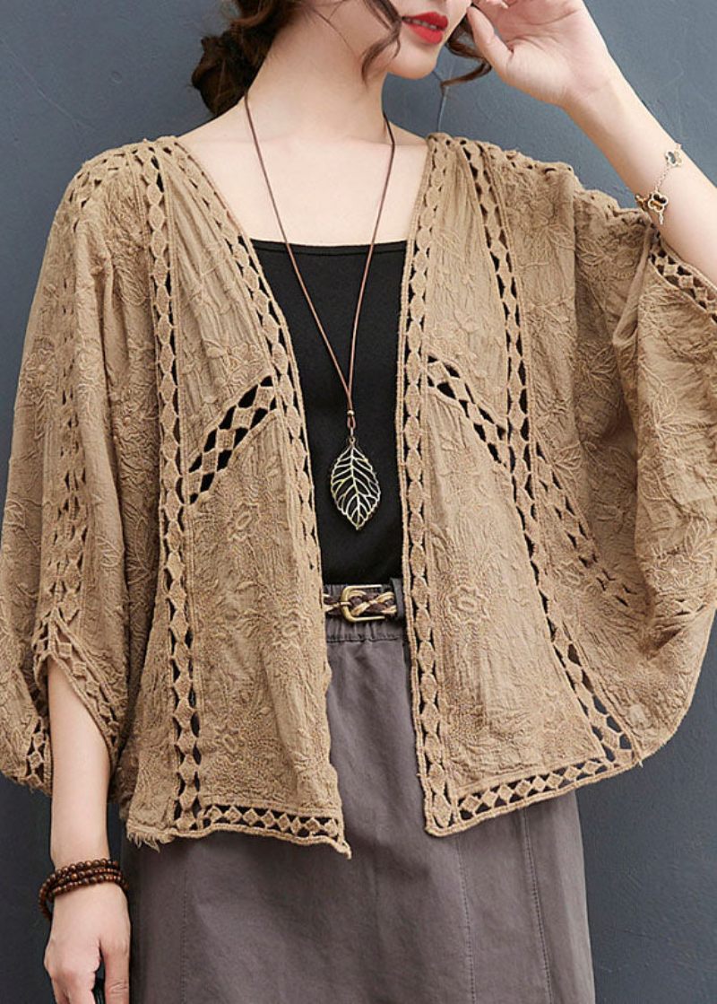 Let Khaki Løs Cardigan Hollow Out Batwing Sleeve - Lys Khaki