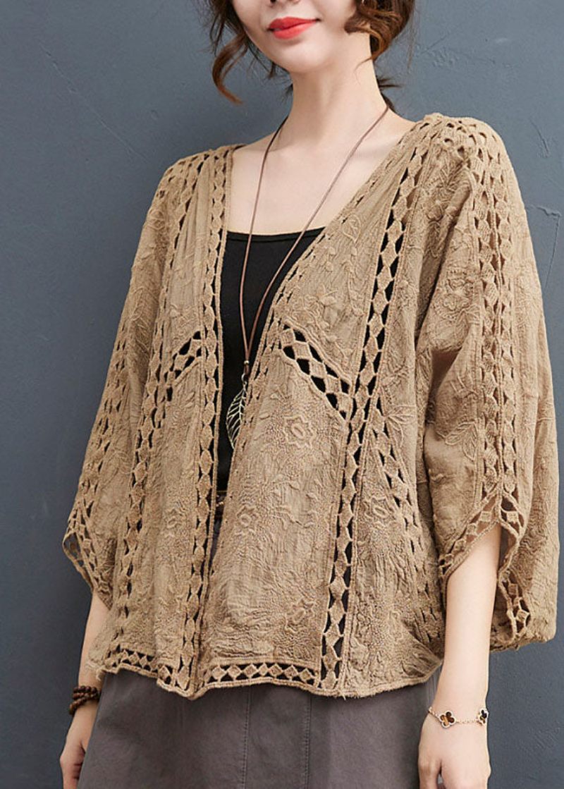 Let Khaki Løs Cardigan Hollow Out Batwing Sleeve - Lys Khaki