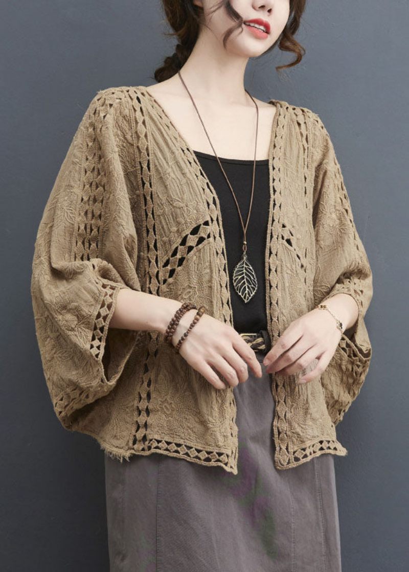 Let Khaki Løs Cardigan Hollow Out Batwing Sleeve - Lys Khaki