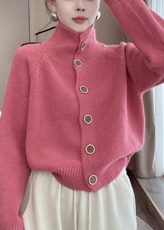 Loose Pink Button Cozy Knit Cardigan Langærmet