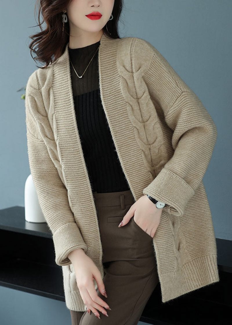 Løs Beige V-hals Patchwork Tyk Uld Strik Cardigan Efterår