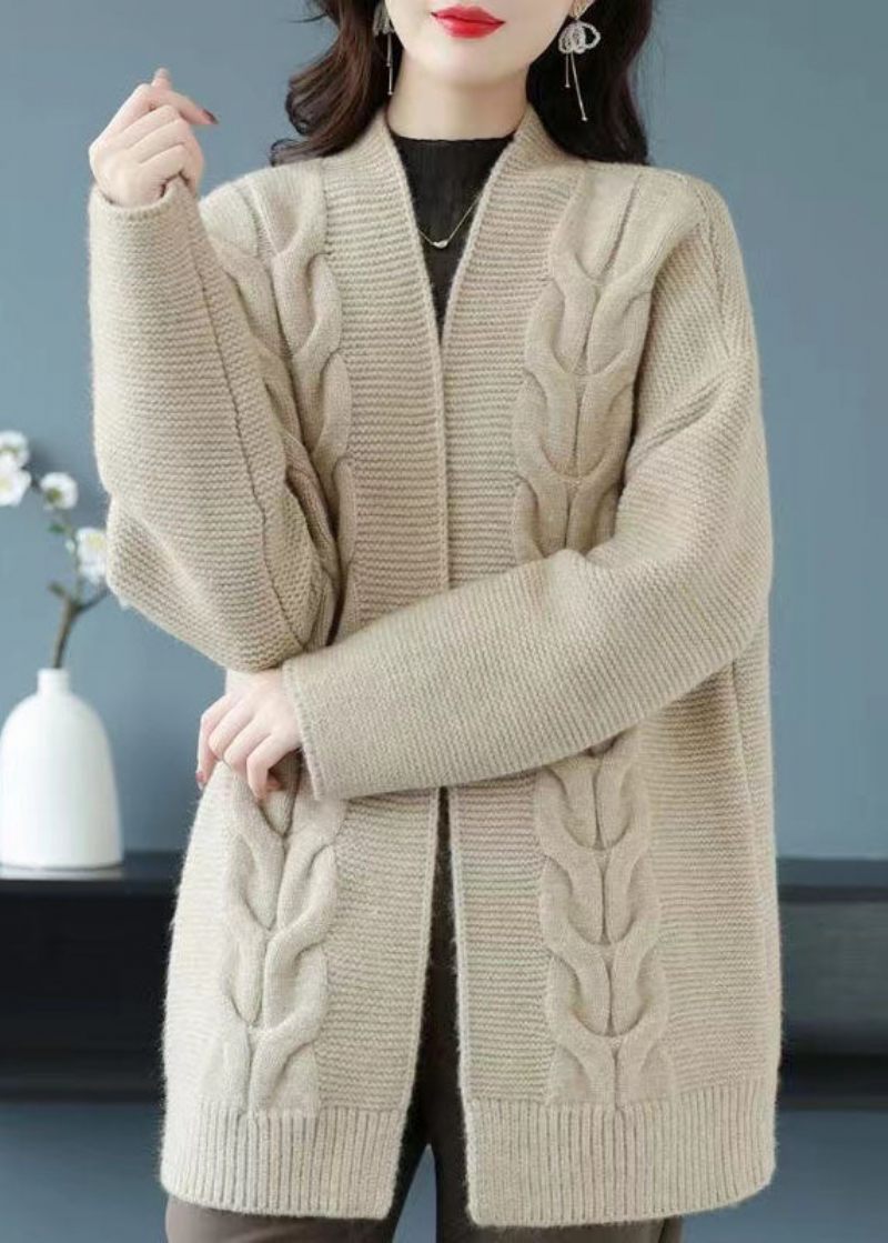 Løs Beige V-hals Patchwork Tyk Uld Strik Cardigan Efterår - Dame cardigans