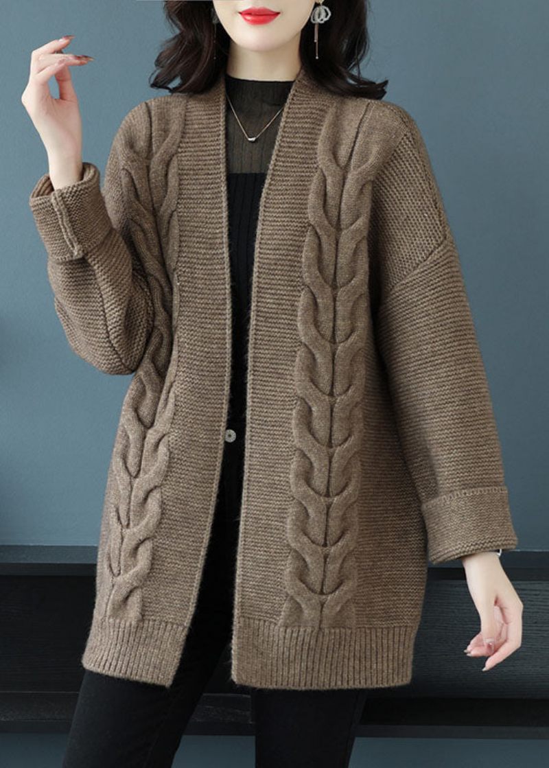 Løs Beige V-hals Patchwork Tyk Uld Strik Cardigan Efterår - Dame cardigans