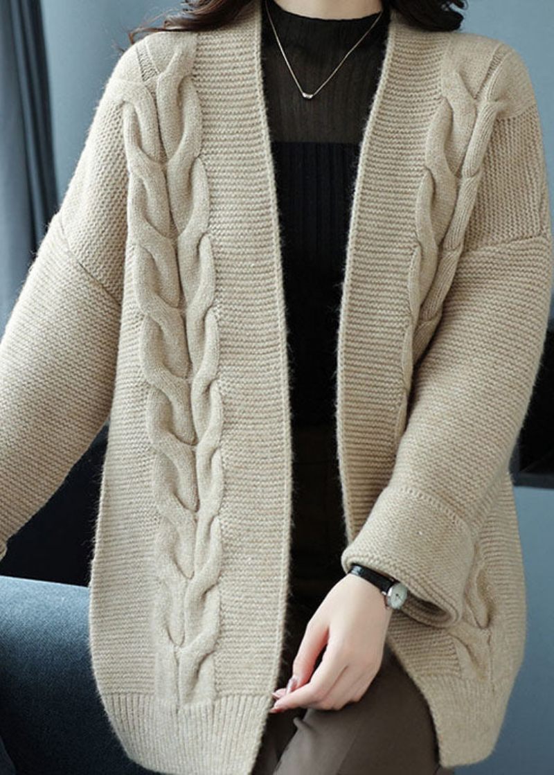 Løs Beige V-hals Patchwork Tyk Uld Strik Cardigan Efterår - Dame cardigans