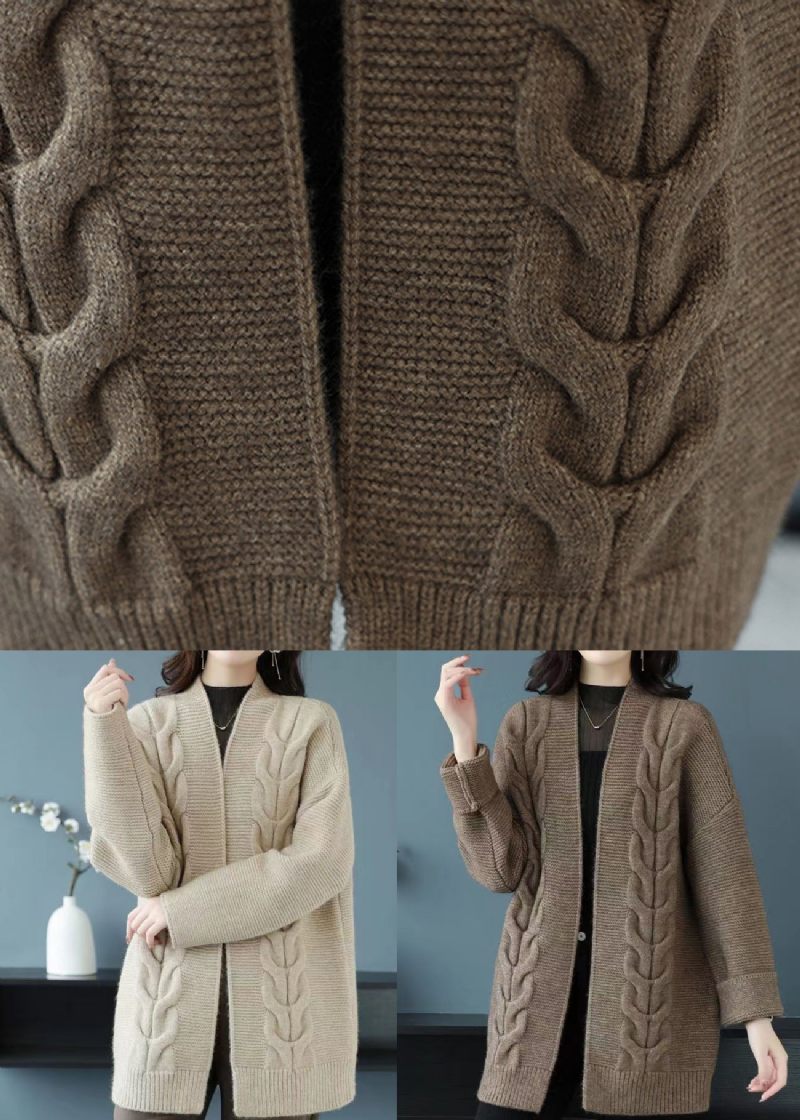 Løs Beige V-hals Patchwork Tyk Uld Strik Cardigan Efterår - Dame cardigans