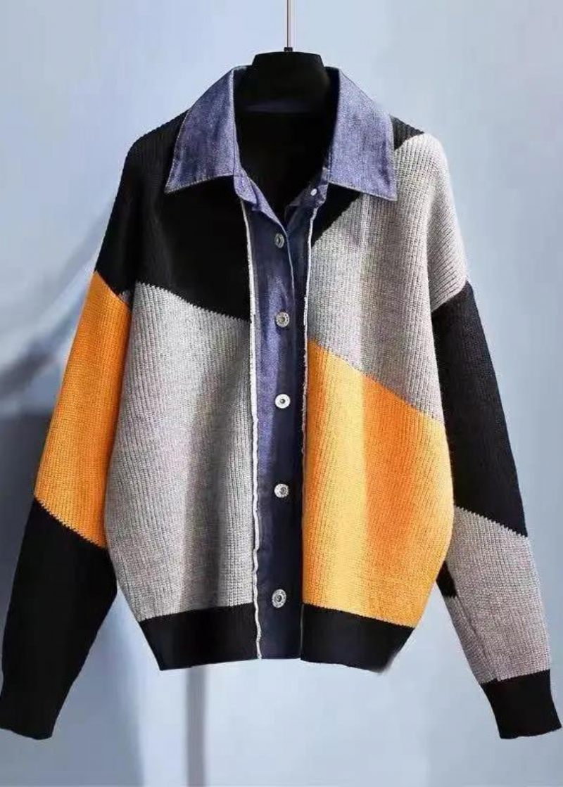 Løs Farveblok Peter Pan Krave Patchwork Strik Cardigans Efterår - Dame cardigans