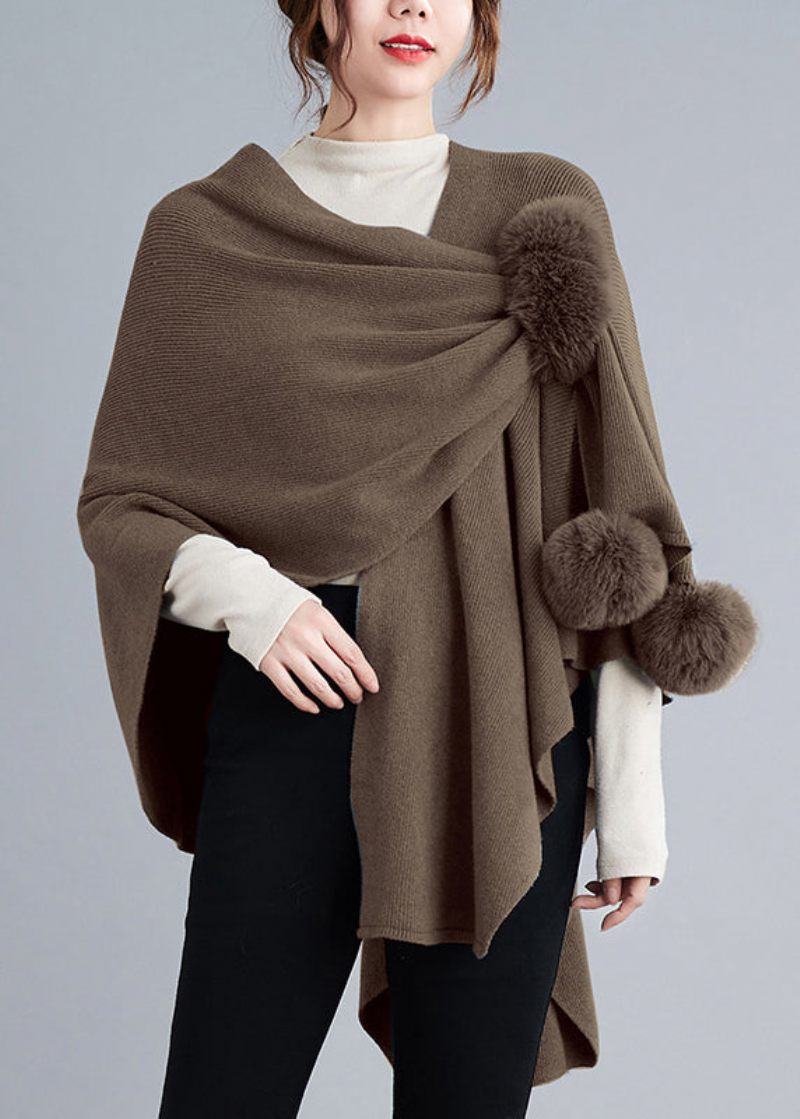 Løs Khaki Asymmetrisk Fuzzy Ball Patchwork Strik Cape Coats Efterår