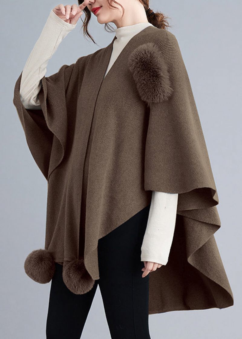 Løs Khaki Asymmetrisk Fuzzy Ball Patchwork Strik Cape Coats Efterår - Dame cardigans