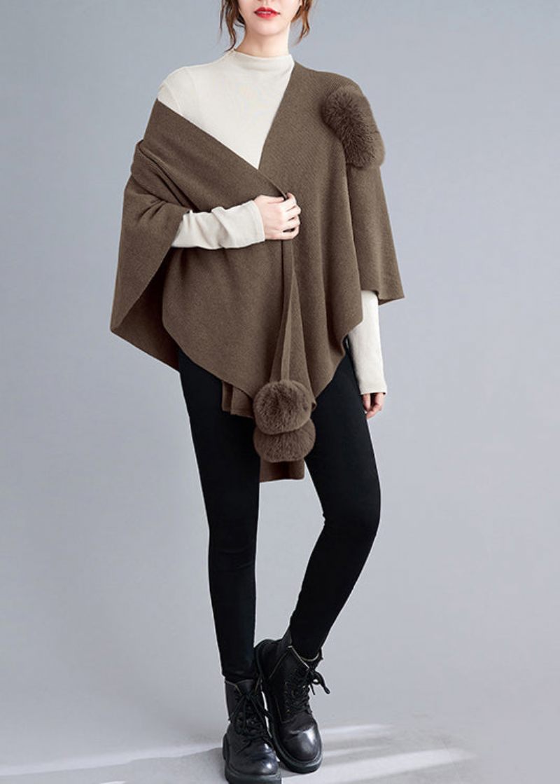 Løs Khaki Asymmetrisk Fuzzy Ball Patchwork Strik Cape Coats Efterår - Dame cardigans