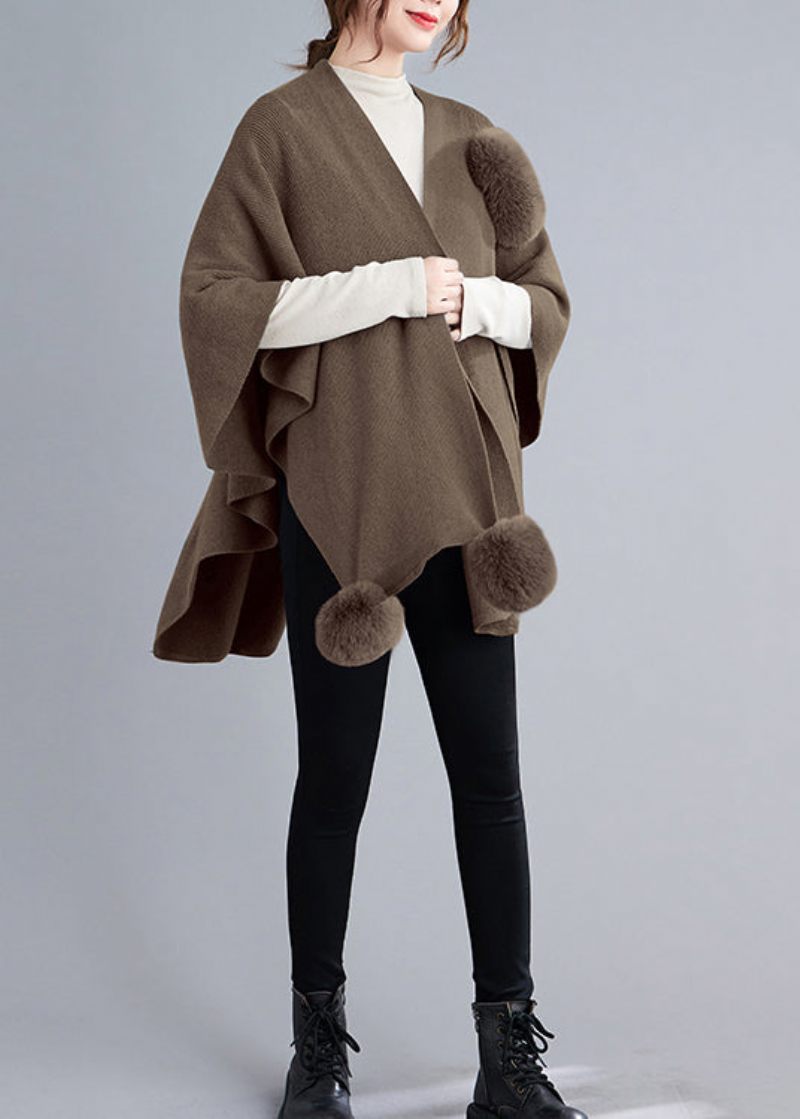 Løs Khaki Asymmetrisk Fuzzy Ball Patchwork Strik Cape Coats Efterår - Dame cardigans