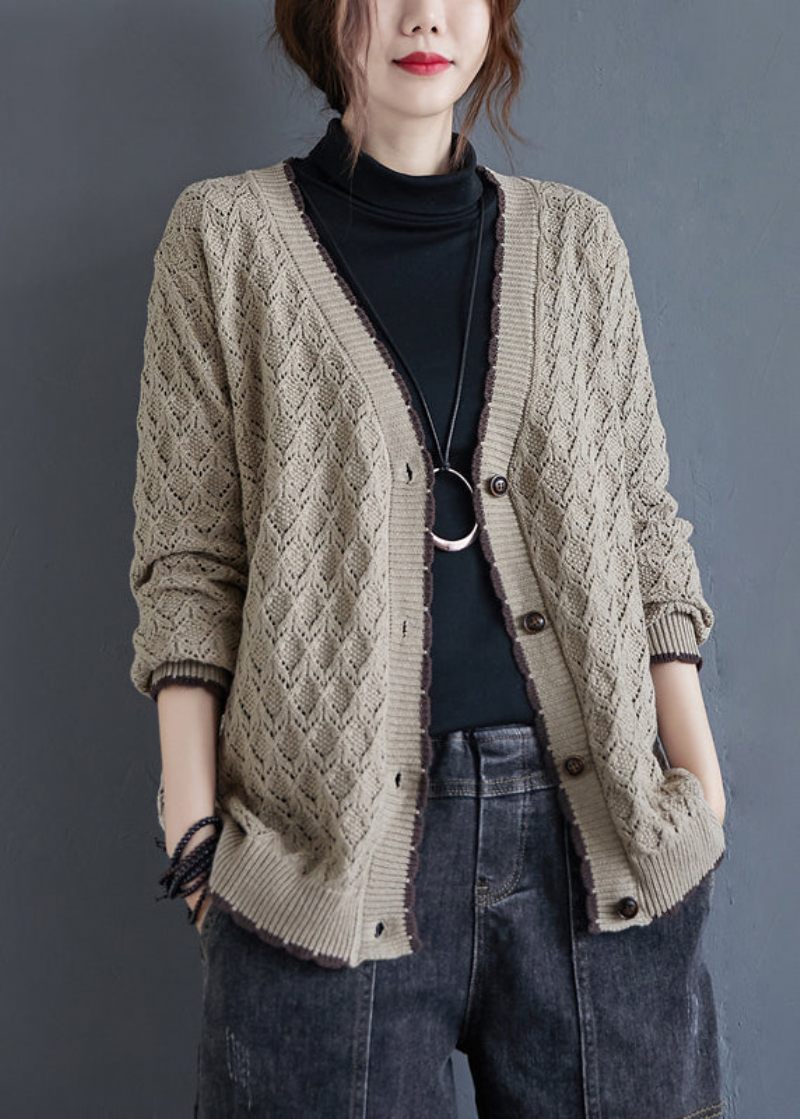 Løs Khaki V-hals Hollow Out Button Strik Cardigan Fall