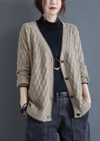 Løs Khaki V-hals Hollow Out Button Strik Cardigan Fall